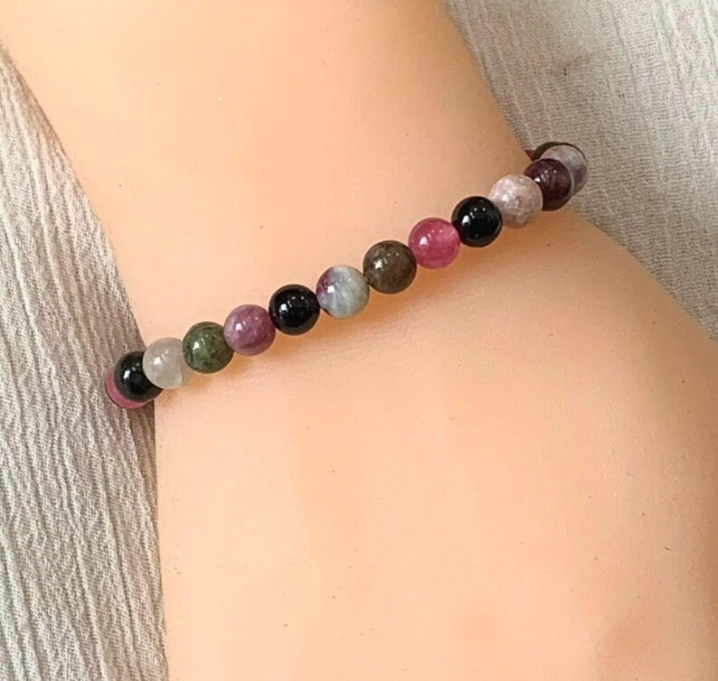 Rainbow Tourmaline Bracelet, Premium Grade Stretch Gemstone Bracelet, 6mm Round Polished Beads, October Birthstone Minimalist Bracelet