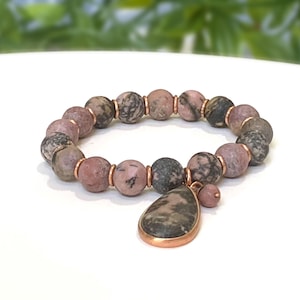 Rhodonite Bracelet, Premium Grade Stretch Gemstone Bracelet, Matte-Finnish Rhodonite Gemstones, Rhodonite Pendant, Copper Accents