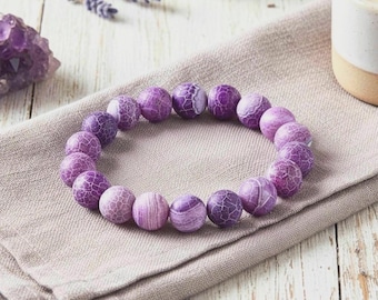 Crackled Purple Agate Bracelet: Large 12mm Gemstone Stretch Bracelet