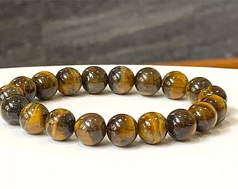 Natural Tiger's Eye Gemstone Bracelet - Stretch Bracelet, Grade A+ Genuine Tiger's Eye Beaded Bracelet, Gift for Him, Gift for Her