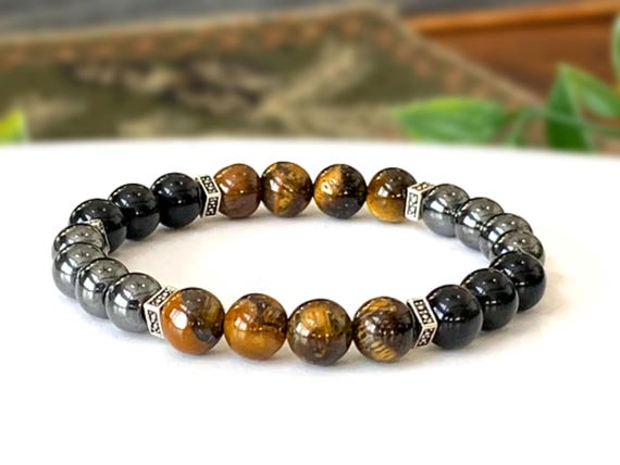 Tiger s Eye Black Obsidian Hematite Gemstone Bracelet Stretch Bracelet Triple Protection Bracelet 8mm Beads Gift for Him Etsy
