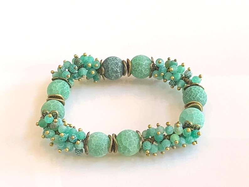 Agate Bracelet, Green Agate Stretch Bracelet, Natural Agate gemstones, Large 12 mm Weathered Agate Beads