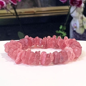 Strawberry Quartz Chip Bracelet: Boho Healing Crystal, Self-Love Gift