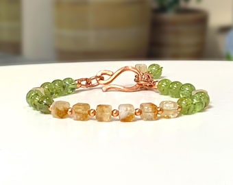 Peridot Citrine Gemstone Bracelet: Hand-Hammered Copper Accents, 5mm