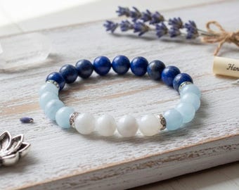 Lapis Lazuli, Moonstone & Aquamarine Bracelet: Grade AA Gemstone Stretch Bracelet