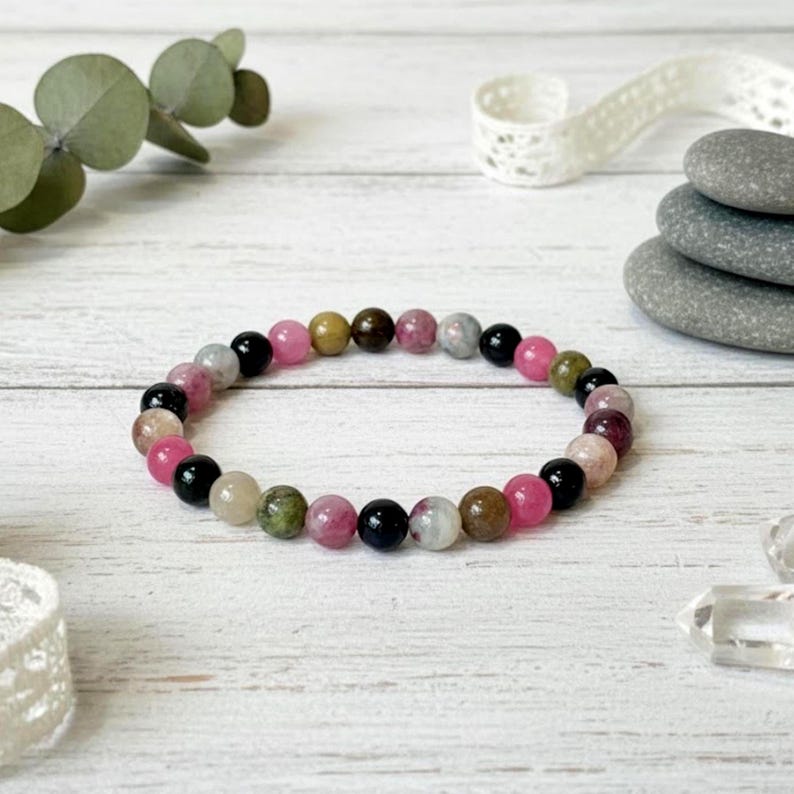 Rainbow Tourmaline Gemstone Bracelet: October Birthstone, 6mm Polished Beads afbeelding 6