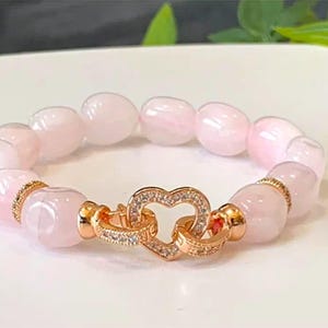 Madagascar Rose Quartz Bracelet: Rose Gold Heart Lock, Stretch Gemstone