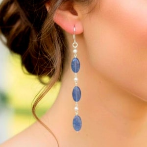 Handmade Kyanite & Pearl Drop Dangle Earrings: Sterling Silver, Blue Gemstone Jewelry, 4" Drop Length