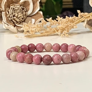 Natural Rhodonite Bracelet - Premium Grade Stretch Gemstone Bracelet, 6mm, 8mm, 10mm Beads, Balance, Compassion, Gift for Her, Gift for Him