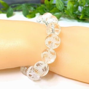 Dragon Etched Clear Quartz Crystal Bracelet, Premium Grade Stretch Gemstone Bracelet, Large 14mm Clear Quartz Crystal Beads