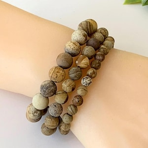 Natural Picture Jasper Stacking Bracelet - Matte Gemstone Stretch Bracelet, Jewelry Gift for Him & Her