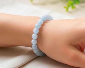 Natural Blue Aquamarine Bracelet – March Birthstone Jewelry, Gemstone Stretch Bracelet, Gift for Her