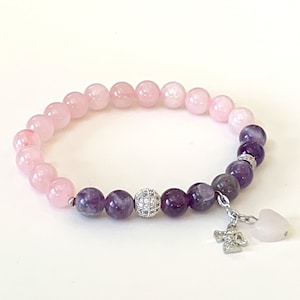 Rose Quartz & Amethyst Gemstone Bracelet with Angel Charm