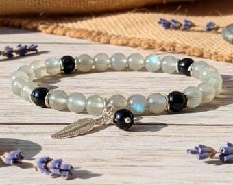 Labradorite & Black Tourmaline Bracelet: 6mm Grade AAA Gemstones, Sterling Silver, Stretch Bracelet
