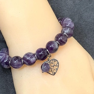 Amethyst Gemstone Stretch Bracelet: February Birthstone Heart Charm
