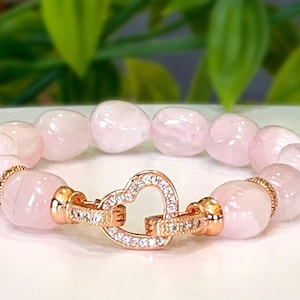 Madagascar Rose Quartz Gemstone Bracelet - Stretch Bracelet, Heart Shape Lock, Love, Friendship, Gift for Her, Pink Crystal Bracelet