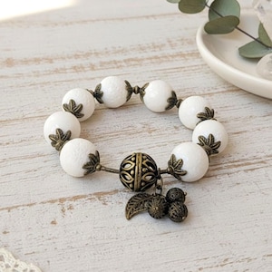 White Fossil Coral Bracelet: Antique Bronze Accents, Large 16mm Beads, Statement Jewelry