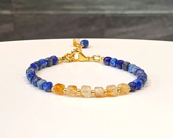 Natural Lapis Lazuli & Citrine Gemstone Bracelet - 5mm Cube Natural Gemstone Beads, 24K Gold-Plated Accents, Ukraine Colors, Dainty Bracelet