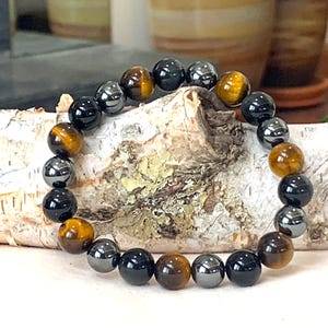 Triple Protection Bracelet, Tiger&#39;s Eye, Hematite & Black Obsidian, 6mm–12mm Beads, Stretch Bracelet, Grounding and Energy Shielding