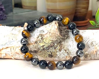 Triple Protection Bracelet: Tiger's Eye, Hematite & Obsidian - Grounding