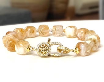 Faceted Citrine Bracelet: Genuine Brazilian Citrine Gemstones, 18K Gold-Plated Cubic Zirconia Clasp, November Birthstone