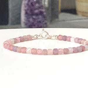 Premium Grade Rose Quartz Gemstone Bracelet, 925 Sterling Silver, 4mm Madagascar Rose Quartz Cube Gemstones, Dainty Bracelet, Gift for Her