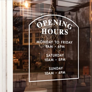 Custom Vinyl Arched Opening Times Decal / Business Hours with Logo Personalised Stickers for Shop Windows Small to Extra Large