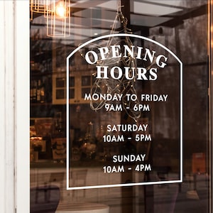 Custom Vinyl Arched Opening Times Decal / Business Hours with Logo Personalised Stickers for Shop Windows Small to Extra Large