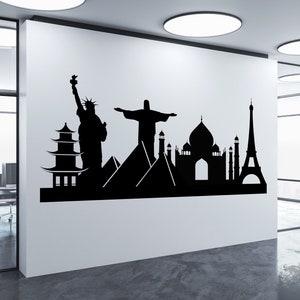 Custom Global Cityscape Vinyl Graphic voor Walls & Windows / Wonders of the World / Large City Decal / World Landmarks Office Stickers