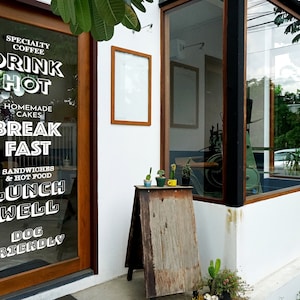 Grande vinil personalizado café, restaurante e logotipo da cafeteria design personalizado vinil corte adesivo decalques para janelas pequeno a extra grande