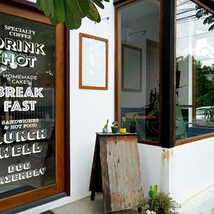 Lista personalizada de decalques de vinil de alimentos e bebidas para empresas com logotipo adesivos personalizados para janelas de cafeterias pequenas a extra grandes