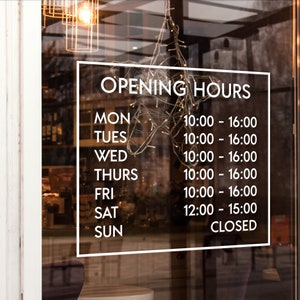 Custom Vinyl Opening Times Decal for Business with Logo Personalised Stickers for Shop Windows Small to Extra Large