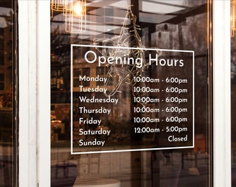 Custom Vinyl Opening Times Decal for Business with Logo Personalised Stickers for Shop Windows Small to Extra Large