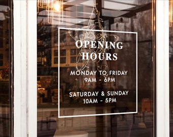 Custom Vinyl Opening Times Decal / Simple Business Hours in Frame / Personalised Logo Stickers for Shop Window Signage