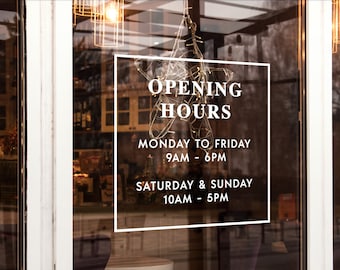 Calcomanía de horario de apertura de vinilo personalizado/Horario comercial simple en marco/Pegatinas de logotipo personalizado para señalización de ventana de tienda