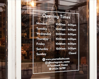 Custom Vinyl Opening Times Decal in Frame/ Business with Logo Personalised Stickers for Shop Windows Small to Extra Large