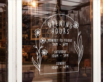 Calcomanía de horario de apertura de marco de flores de vinilo personalizado/horario comercial con lindo logotipo de marco de flores pegatinas personalizadas para ventanas de tienda