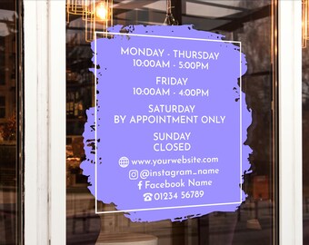 Custom Vinyl Opening Times with Splash Decal / Business Hours with Logo Personalised Stickers / Shop Windows Small to Extra Large