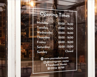 Custom Vinyl Opening Times Decal for Business with Logo Personalised Stickers for Shop Windows Small to Extra Large