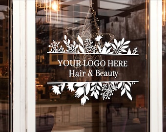 Custom Business Logo Leaf & Flower Frame Design Personalised Vinyl Cutting Sticker Decals for Shop Windows Small to Extra Large