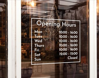 Custom Vinyl Opening Times Decal for Business with Logo Personalised Stickers for Shop Windows Small to Extra Large