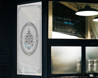 Victorian Vase Frosted Window Sticker | Etched Vinyl Ornamental Frame | Pub, Bar & Restaurant Design Decal for Glass or Mirrors