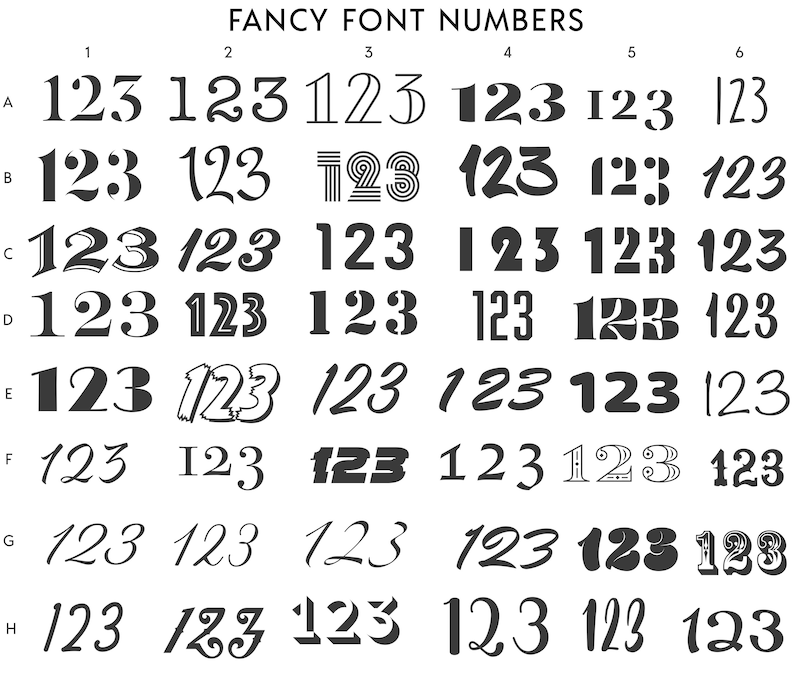 May include: A chart showing different styles of the numbers 123 in a variety of fonts. The chart is labeled "Fancy Font Numbers" and each row is labeled with a letter from A to H.