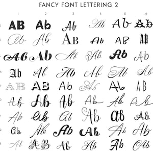 Op de afbeelding: Een grafiek die 26 verschillende manieren laat zien om de letters "AB" in verschillende lettertypen te schrijven. De lettertypen vari&euml;ren van eenvoudig tot sierlijk en omvatten script-, blok- en cursieve stijlen.
