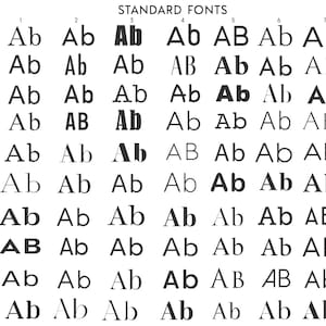 May include: A chart showing different font styles for the letters "A" and "B". The chart is labelled "STANDARD FONTS" and numbered 1 through 7. Each row is labelled with a letter from "AA" to "JJ".