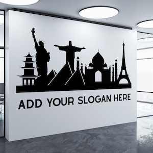 Custom Global Cityscape Vinyl Graphic voor Walls & Windows / Wonders of the World / Large City Decal / World Landmarks Office Stickers