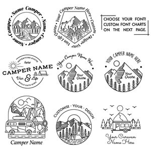 May include: A set of black and white line art illustrations of camper vans and mountain landscapes. The illustrations are in a variety of styles, including circular, square, and rectangular. The text "Camper Name" appears in several of the illustrations.