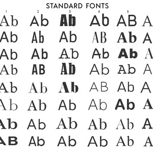 Op de afbeelding: Een grafiek die verschillende lettertypen voor de letters A en b laat zien. De grafiek is getiteld "STANDAARD LETTERTYPES" en elke rij is gelabeld met een letter van A tot en met H. Elke kolom is genummerd van 1 tot en met 6. De lettertypen worden weergegeven in zwart, grijs en wit.