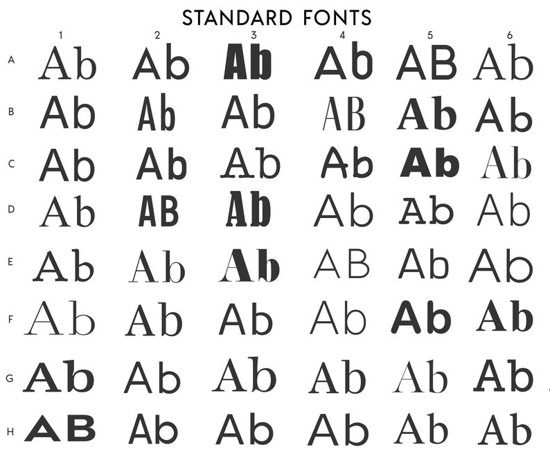 Op de afbeelding: Een grafiek die verschillende lettertypen voor de letters A en b laat zien. De grafiek is getiteld "STANDAARD LETTERTYPES" en elke rij is gelabeld met een letter van A tot en met H. Elke kolom is genummerd van 1 tot en met 6. De lettertypen worden weergegeven in zwart, grijs en wit.