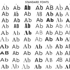 May include: A chart showing different font styles for the letters "A" and "B". The chart is labeled "STANDARD FONTS" and each row is labeled with a letter from "AA" to "JJ".